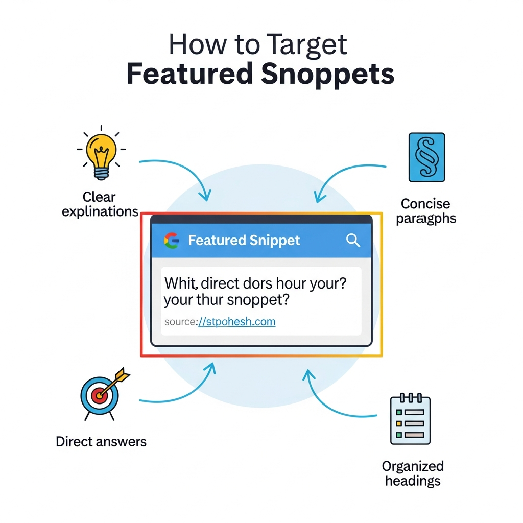 Infographic showing how to target featured snippets for SEO. The image depicts a search engine results page with a prominent featured snippet box displaying a short, direct answer to a common question. Icons and labels highlight key tips: clear explanations, concise paragraphs, direct answers, and organized headings. Arrows and highlights visually connect these techniques to the featured snippet position, emphasizing their effectiveness. The design is clean, modern, and user-friendly.