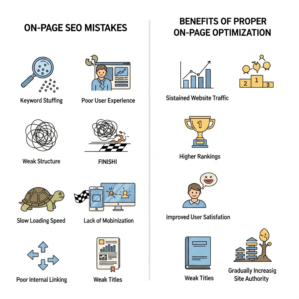 Two-part infographic. The left side displays common On-Page SEO mistakes using icons and visuals: keyword stuffing, poor user experience, weak content structure, slow loading speed, lack of mobile optimization, poor internal linking, and weak titles. The right side shows the long-term benefits of proper on-page SEO: increased website traffic, higher search engine rankings, better user satisfaction, and steadily growing site authority. The design is modern and easy to understand, with clear labels for each point.