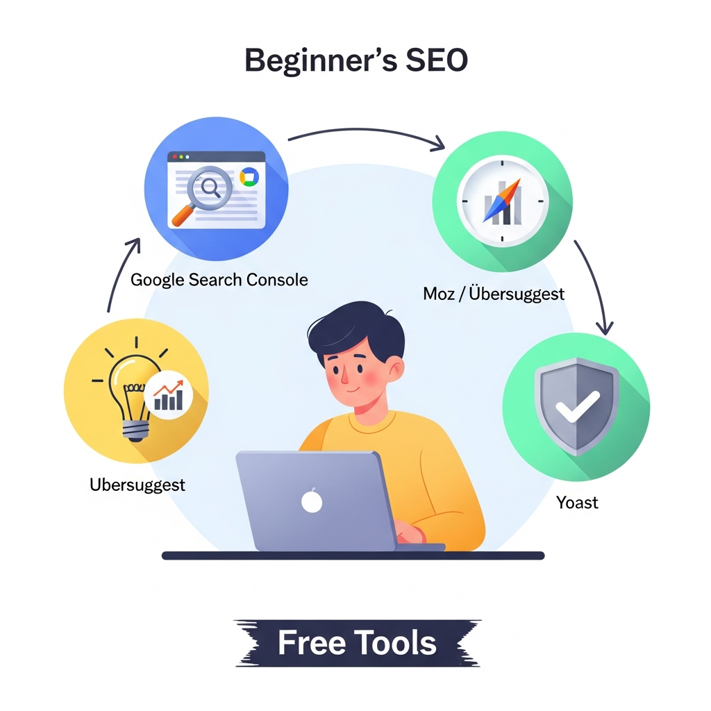 A beginner-friendly SEO workflow is illustrated: A person reviews website data on Google Search Console, generates keyword ideas with Moz and Ubersuggest, and checks content in Yoast before publishing. The scene highlights free tool icons, with arrows connecting each step, showing an easy, step-by-step process for learning and growing in SEO without pressure.