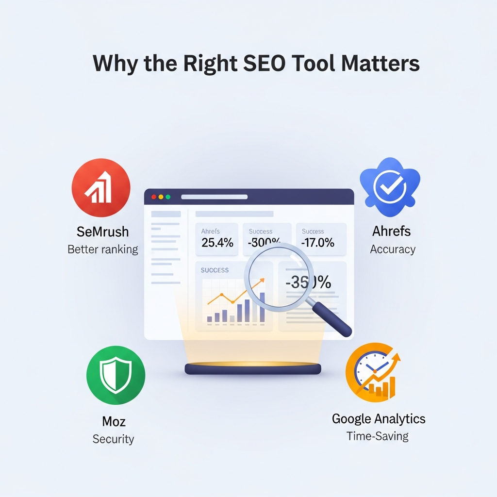 “Why the Right SEO Tool Matters Infographic featuring SEMrush, Ahrefs, Moz, and Google Analytics with SEO dashboard, analytics charts, and ranking growth illustration.”