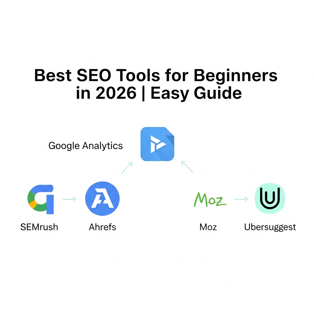 “Best SEO Tools for Beginners in 2026 banner featuring laptop, SEO analytics chart, Yoast, Ahrefs, SEMrush, Rank Math and Google Search Console logos with clean modern design.
