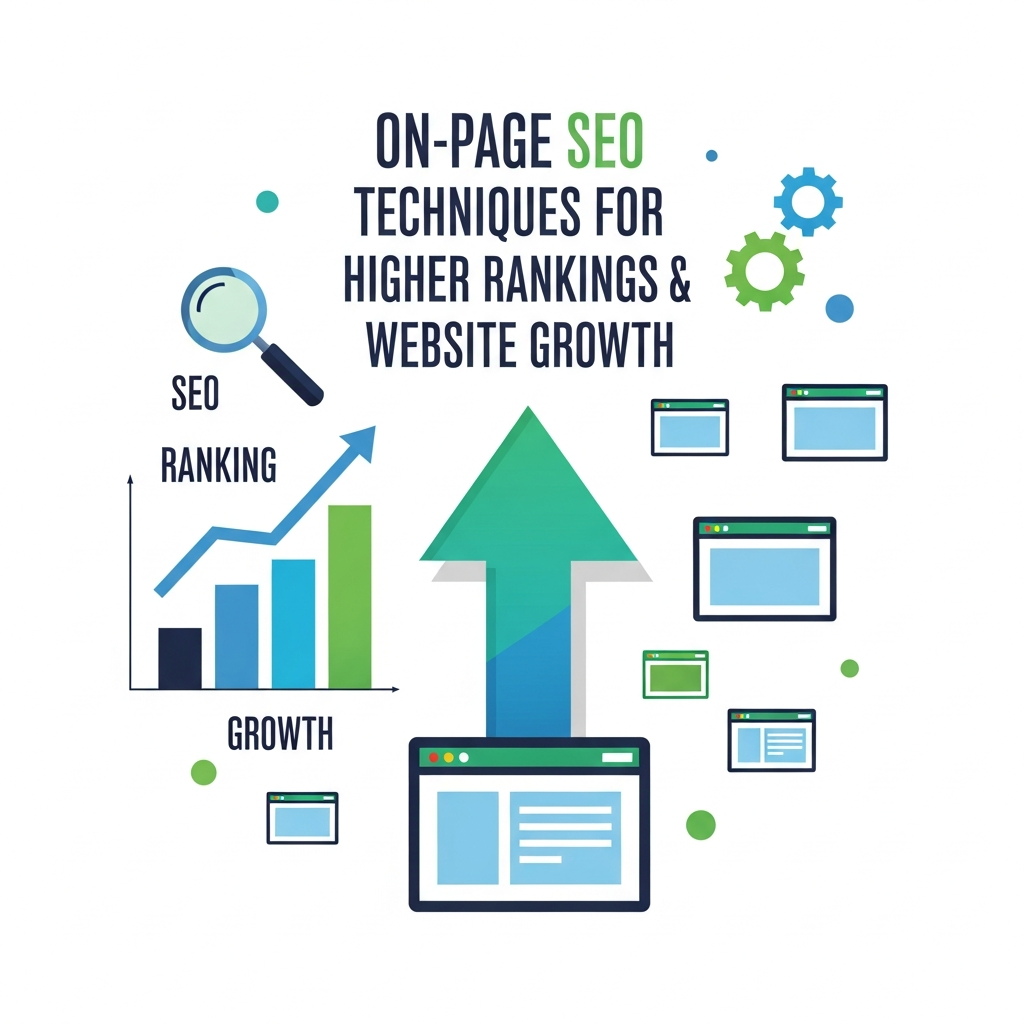 This “Illustration showing on-page SEO techniques for higher rankings and website growth, featuring a growth chart, upward arrow, search icon, browser windows, and SEO-related graphics representing website optimization and improved search rankings.”