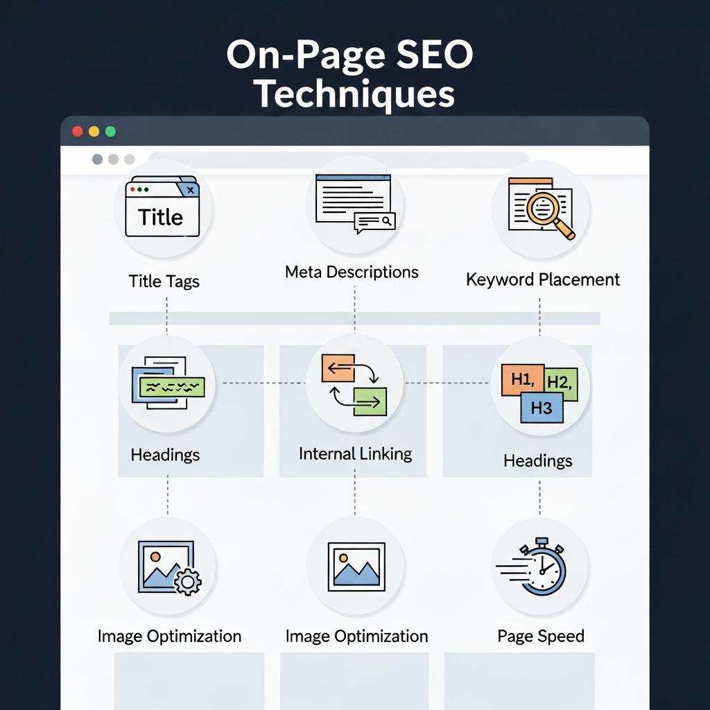  Infographic illustrating On-Page SEO Techniques. The image shows a stylized website layout with labeled icons for Title Tags, Meta Descriptions, Keyword Placement, Headings, Internal Linking, Image Optimization, and Page Speed. The main heading reads "On-Page SEO Techniques" in bold, modern font. Each technique is highlighted with a corresponding icon for easy identification.