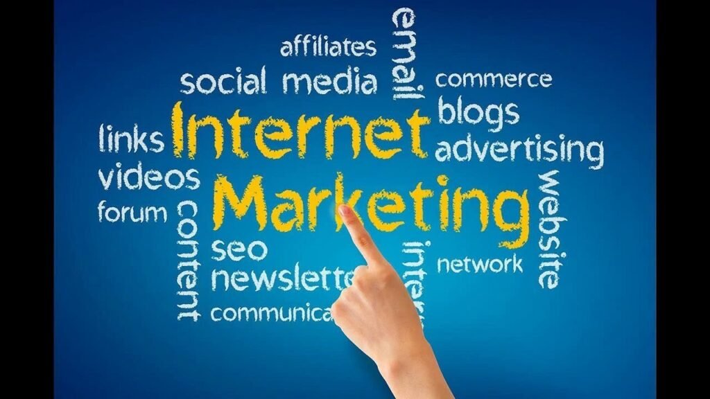 **Alt text:** Internet marketing word cloud with digital marketing terms and pointing hand.