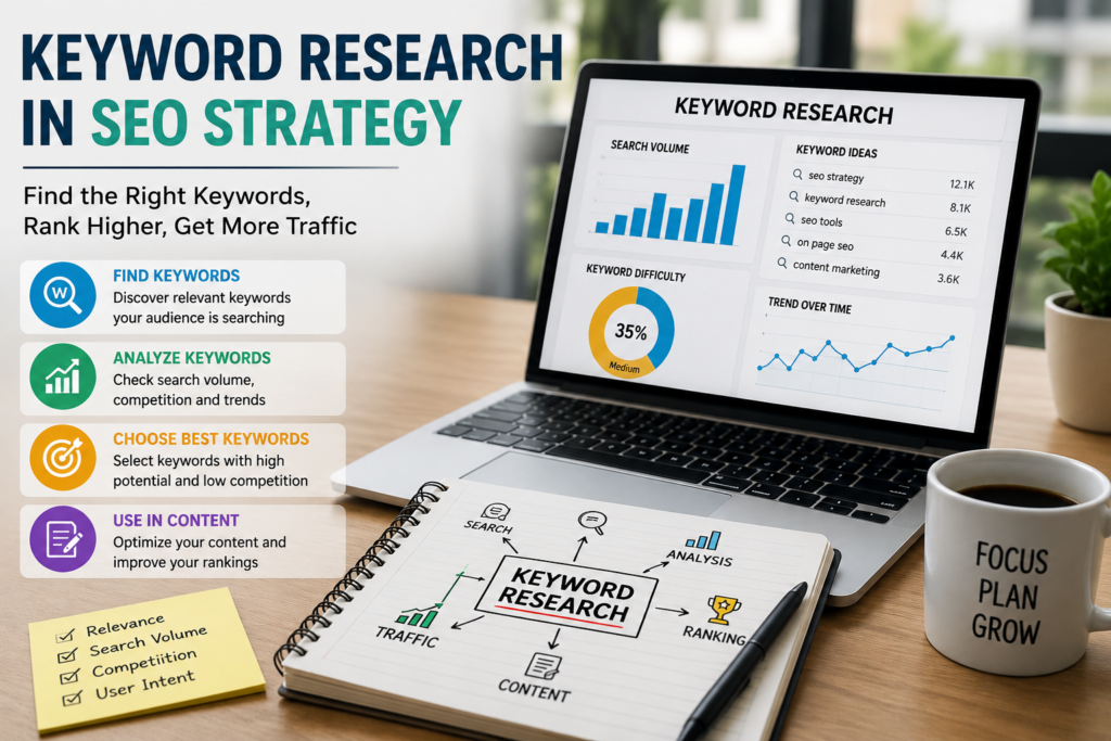 SEO keyword research setup showing keyword analysis, search trends, and content planning on a laptop desk.