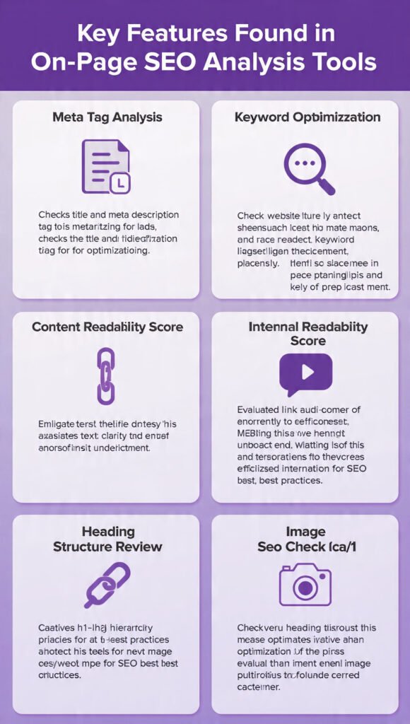 Infographic titled "Key Features Found in On-Page SEO Analysis Tools" in a landscape layout with 6 cards in a 2x3 grid. The features listed are: 1. Meta Tag Analysis – checks title tags and meta descriptions for length and keywords. 2. Keyword Optimization Check – reviews keyword usage in headings, content, and URLs. 3. Content Readability Score – measures sentence structure and readability for users. 4. Internal Link Audit – finds broken links and suggests better internal linking. 5. Heading Structure Review – analyzes H1, H2, H3 tags for proper content hierarchy. 6. Image SEO Check – checks alt text, file names, and image compression. Professional purple, white, and light gray design with icons and short explanations under each heading.