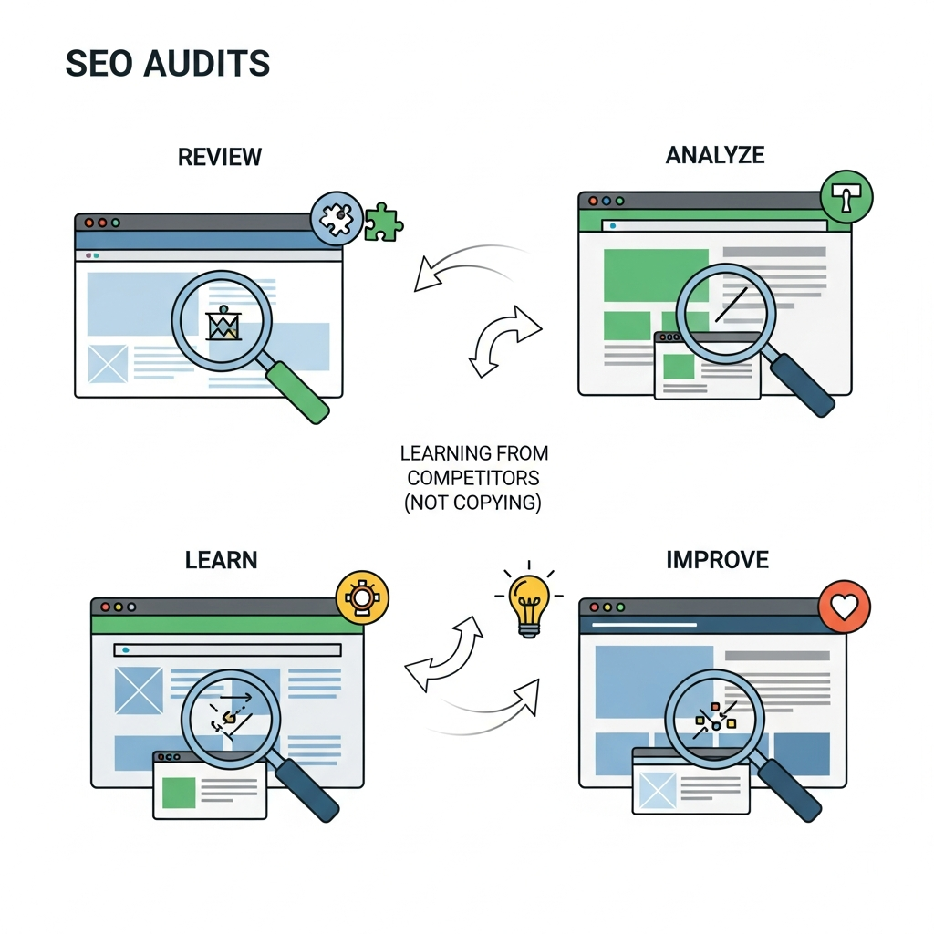 "Infographic illustrating competitor website comparison for SEO audits. It shows multiple website icons side by side with magnifying glasses highlighting differences in layout, content quality, and features. Arrows indicate learning from competitors, not copying, and labels guide through steps: review, analyze, learn, and improve. The design highlights how competitor analysis helps find content gaps and improvement opportunities."