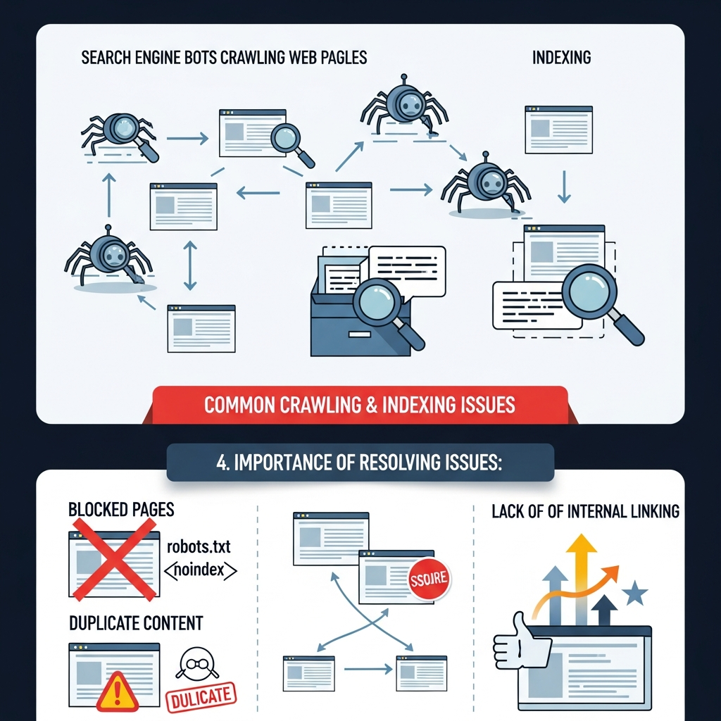 Infographic explaining website crawling and indexing by search engines. It shows search engine bots crawling web pages, storing them in the index, and highlights common issues such as blocked pages (robots.txt, noindex), duplicate content, and lack of internal linking. Arrows connect each step, emphasizing the importance of solving these issues to improve search visibility."