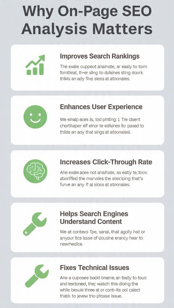 Infographic titled "Why On-Page SEO Analysis Matters" in a landscape layout with 5 cards arranged in a 2x2 and 1 grid. The 5 reasons listed are: 1. Improves Search Rankings – helps Google understand content to rank higher. 2. Enhances User Experience – makes pages faster, readable, and mobile-friendly. 3. Increases Click-Through Rate – optimizes titles and meta descriptions for more clicks. 4. Helps Search Engines Understand Content – uses headings, keywords, and structured data. 5. Fixes Technical Issues – identifies broken links, duplicates, and missing tags. Professional green, white, and light gray design with icons and short explanations under each heading.