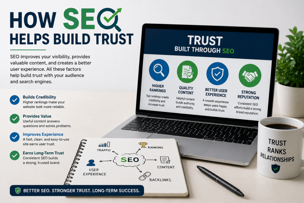 SEO trust building concept showing higher rankings, quality content, and better user experience on a digital workspace.