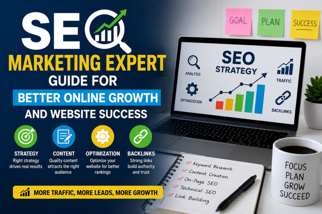 SEO marketing expert workspace showing SEO strategy, website growth, content planning, and online success tools.