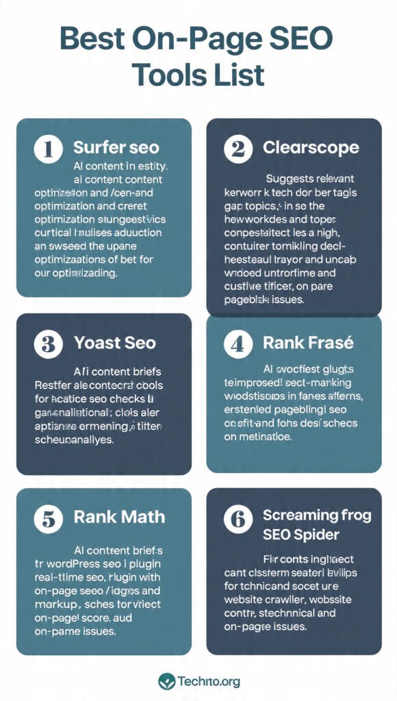 Infographic titled "Best On-Page SEO Tools List" in a landscape layout with 6 cards in a 2x3 grid on a white background. Each card has a teal or blue icon, a bold tool name, and a short description. The tools listed are: 1. Surfer SEO – AI content optimization and SERP analysis. 2. Yoast SEO – WordPress plugin for real-time on-page SEO checks. 3. Screaming Frog SEO Checker – Page-level technical SEO crawler and fixes. 4. Ahrefs On-Page Checker – Page-level recommendations and keyword suggestions. 5. Ahrefs Site Audit – Scans pages for SEO errors and suggests fixes. 6. Coguit – Google PageSpeed Insights for analyzing page speed and Core Web Vitals. Design uses a dark navy header, teal accents, and clean sans-serif fonts.