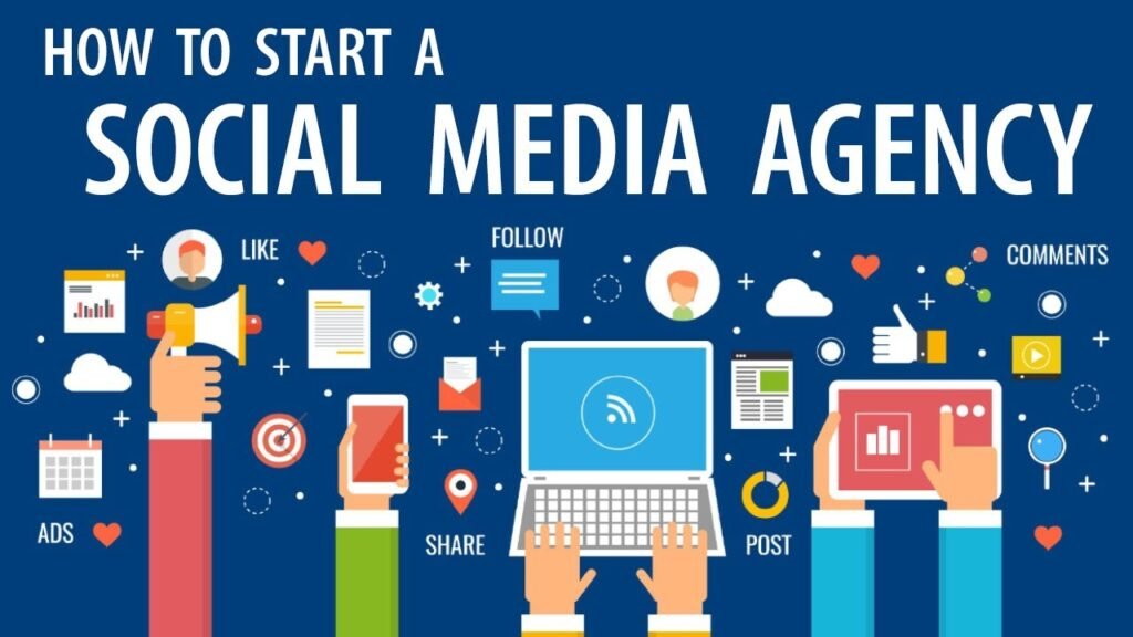 Hands using phones and laptops with social media icons like, share, post, and follow on a blue background.