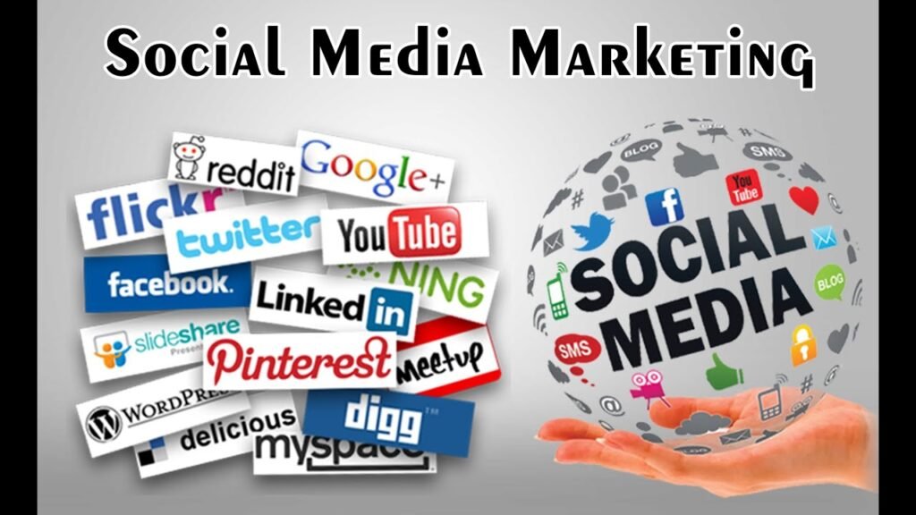 Hand holding a glowing "SOCIAL MEDIA" globe with app logos stacked behind it. 