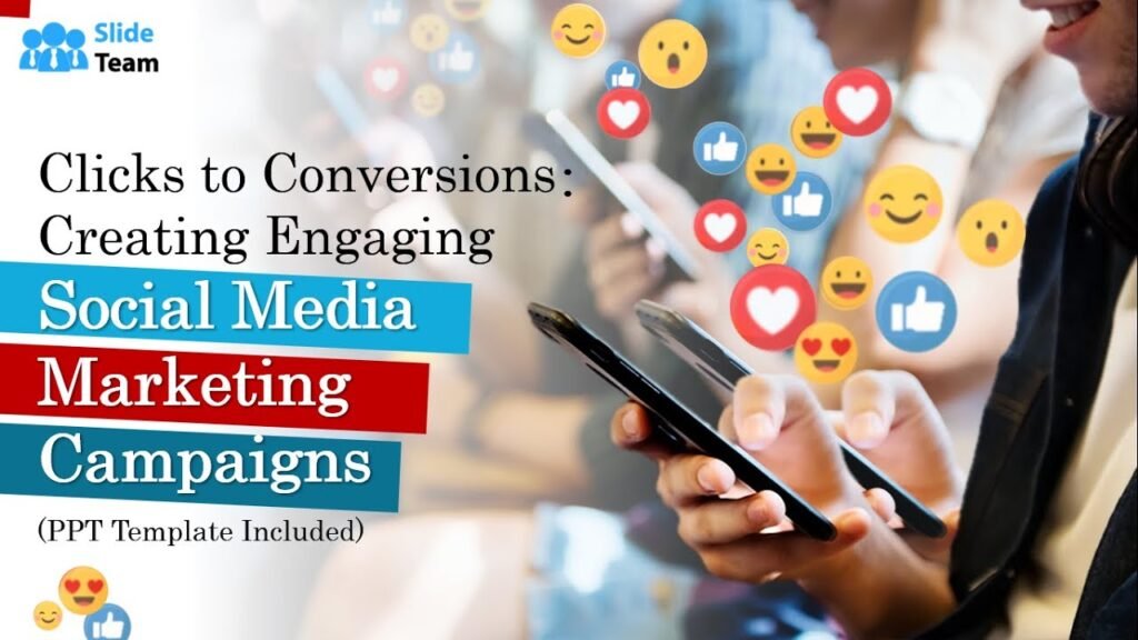 People using phones with floating like and heart emojis, next to text about social media marketing campaigns.