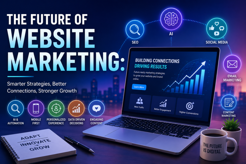 Future of website marketing image showing digital tools, online growth, and modern marketing technology.