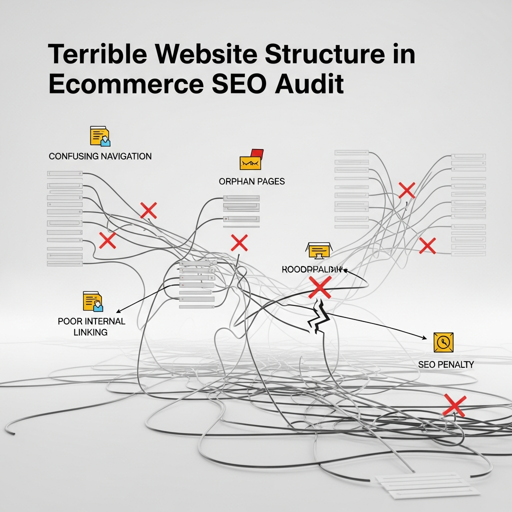 "Infographic titled 'Thin Product Descriptions in Ecommerce SEO Audits.' The image displays an online store page with a product that has a very short, vague description contrasted with one that has a detailed description. Surrounding the scene are keywords: Low Content, Generic Details, No Unique Value, and SEO Ranking Drop, highlighting the negative effects of thin product descriptions on SEO."