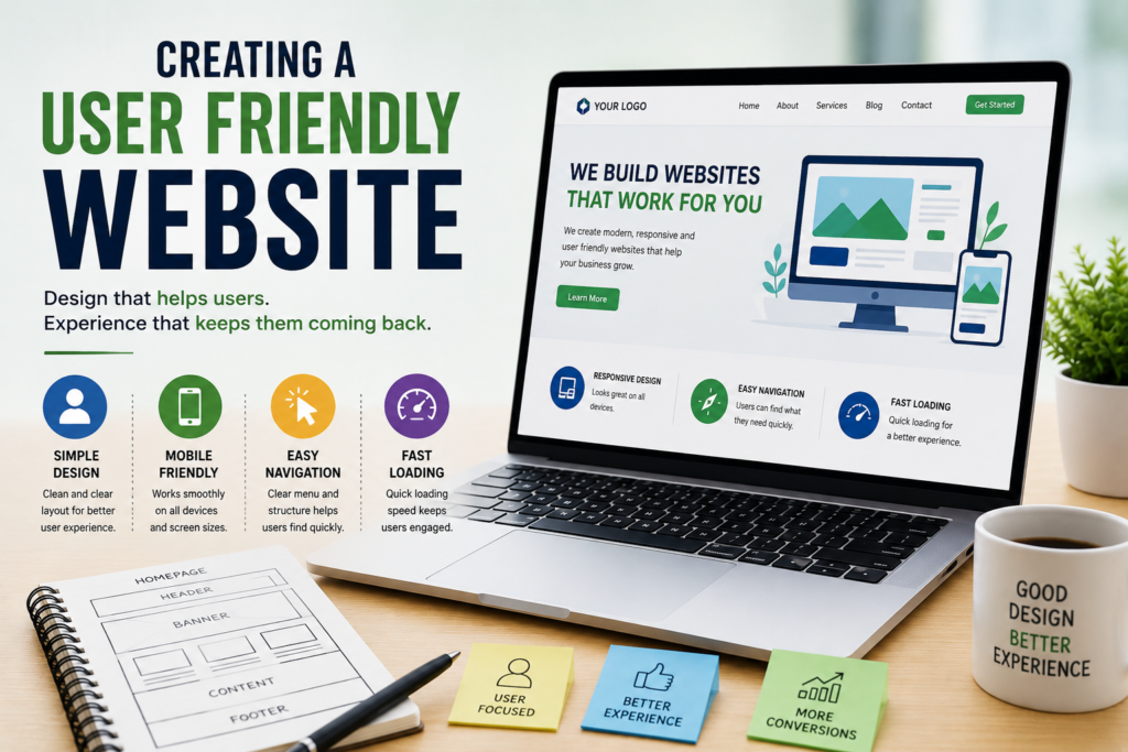 User friendly website image showing a laptop with simple design, easy navigation, and mobile friendly layout.