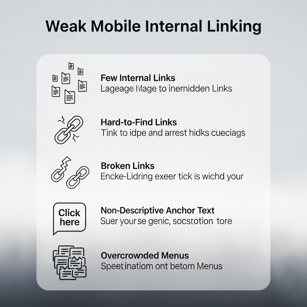 Graphic titled "Weak Mobile Internal Linking." It features icons and labels for key issues: few internal links (disconnected page icons), hard-to-find links (hidden or small link icon), broken links (cracked chain), non-descriptive anchor text (labeled "click here"), and overcrowded menus (messy navigation). Each problem is visually explained with modern, mobile-optimized illustrations.

