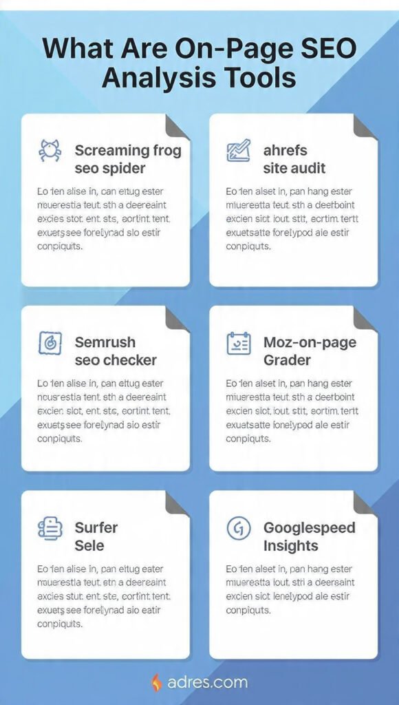 Infographic titled "What Are On-Page SEO Analysis Tools" in a 2x3 grid layout. It shows 6 tools with short descriptions: Screaming Frog SEO Spider for crawling on-page issues, Ahrefs Site Audit for website health checks, SEMrush On-Page SEO Checker for page-level optimization suggestions, Moz On-Page Grader for keyword optimization scoring, Surfer SEO for content comparison with top pages, and Google PageSpeed Insights for testing page speed and mobile usability. Professional blue and white design with icons and headings.