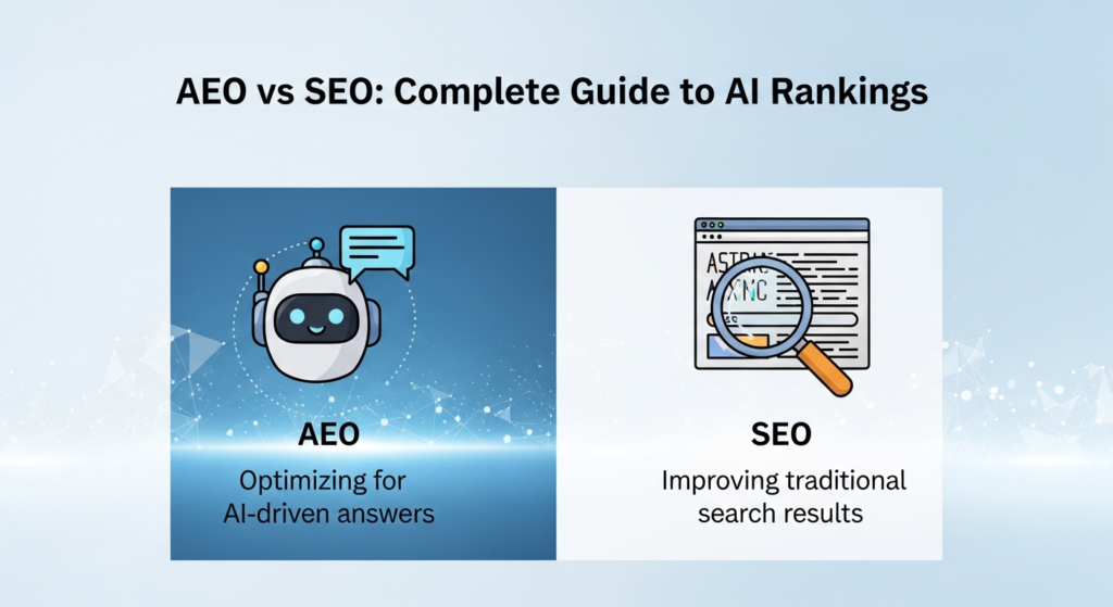 A digital illustration with the heading "AEO vs SEO: Complete Guide to AI Rankings" at the top. Below, two icons: one of an AI chatbot representing AEO with the caption "Optimizing for AI-driven answers," and one of a magnifying glass over a webpage for SEO with the caption "Improving traditional search results." The background is modern and tech-inspired in blue and white tones.