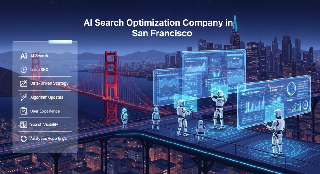 Ek digital illustration hai jo “AI Search Optimization Company in San Francisco” ko represent karta hai. Scene mein San Francisco ka futuristic cityscape hai, jismein Golden Gate Bridge aur dusre landmarks dikhai de rahe hain. AI robots mil kar kaam kar rahe hain aur digital dashboards par search optimization analytics nazar aa rahe hain. Upar heading hai: “AI Search Optimization Company in San Francisco.” Side par modern overlay hai jahan keywords—AI Search, Optimization, Local SEO, Data-Driven Strategy, Algorithm Updates, User Experience, Search Visibility, aur Analytics Reporting—ki short explanations aur icons shamil hain. Design professional, tech-inspired, aur colorful hai.