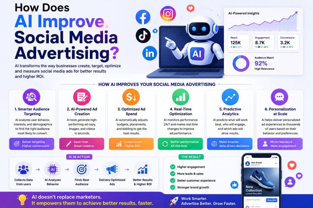 Infographic titled "How Does AI Improve Social Media Advertising" featuring a white AI robot pointing at a laptop. Shows 5 benefits: Smarter Audience Targeting, AI-Powered Ad Creation, Optimized Ad Spend, Real-Time Optimization, and Predictive Analytics. Includes a flow from AI analyzing behavior to better results and higher ROI, with results of higher engagement, more leads, better customer experience, and stronger brand growth.
