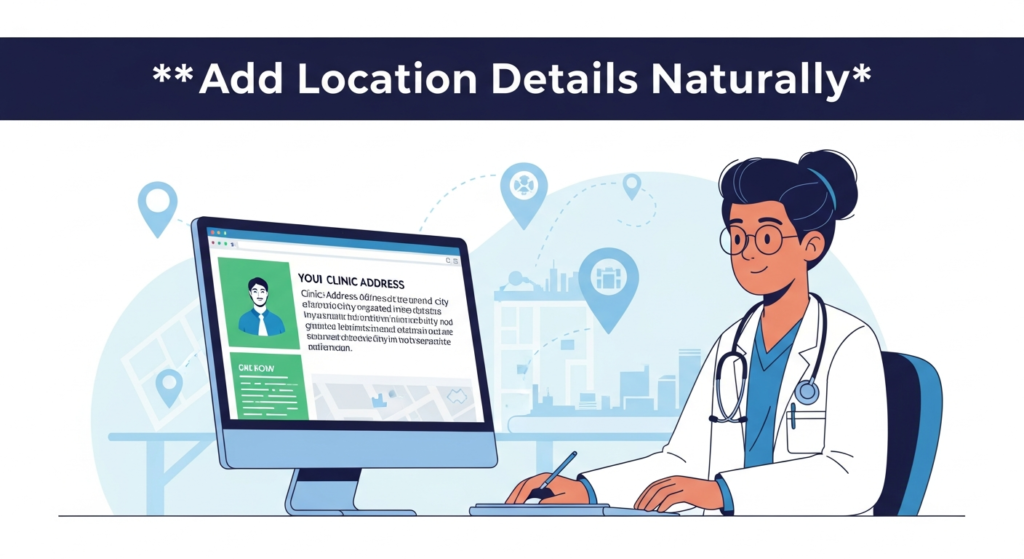
Digital illustration showing a doctor at a computer in their clinic, with a website screen displaying the clinic’s address and city naturally woven into the text. The bold heading reads “Add Location Details Naturally.” Background elements include map markers and city icons, emphasizing the seamless integration of local details into website content.