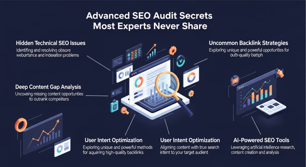 Infographic titled "Advanced SEO Audit Secrets Most Experts Never Share" with a central illustration of analytics and graphs. Six key points are highlighted: Hidden Technical SEO Issues, Deep Content Gap Analysis, User Intent Optimization (appears twice with different explanations), Uncommon Backlink Strategies, and AI-Powered SEO Tools. Each point has a brief description and is illustrated with digital marketing-themed graphics.