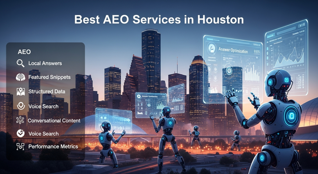 Ek digital illustration hai jo “Best AEO Services in Houston” ko dikhata hai. Scene mein Houston ka futuristic cityscape hai jismein mashhoor landmarks nazar aa rahe hain. AI robots answer optimization services provide kar rahe hain aur digital dashboards par answer ranking metrics dikh rahe hain. Upar heading hai: “Best AEO Services in Houston.” Side par modern overlay hai jahan keywords—AEO, Local Answers, Featured Snippets, Structured Data, Voice Search, Optimization Strategy, Conversational Content, aur Performance Metrics—ki short explanations aur icons shamil hain. Design tech-inspired, colorful aur professional hai.