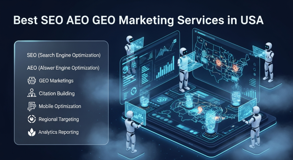 Ek digital illustration hai jo “AEO and GEO Marketing Agency in Austin” ko represent karta hai. Scene mein Austin ka futuristic cityscape hai jismein mashhoor landmarks nazar aa rahe hain. AI robots answer aur location optimization par kaam kar rahe hain. Digital dashboards par AEO aur GEO analytics dikhaye gaye hain. Upar heading hai: “AEO and GEO Marketing Agency in Austin.” Side par modern overlay hai jahan keywords—AEO, GEO Marketing, Local Targeting, Answer Optimization, Map Listings, Regional Campaigns, Voice Search, aur Performance Analytics—ki short explanations aur icons shamil hain. Design tech-inspired, colorful, aur professional hai.