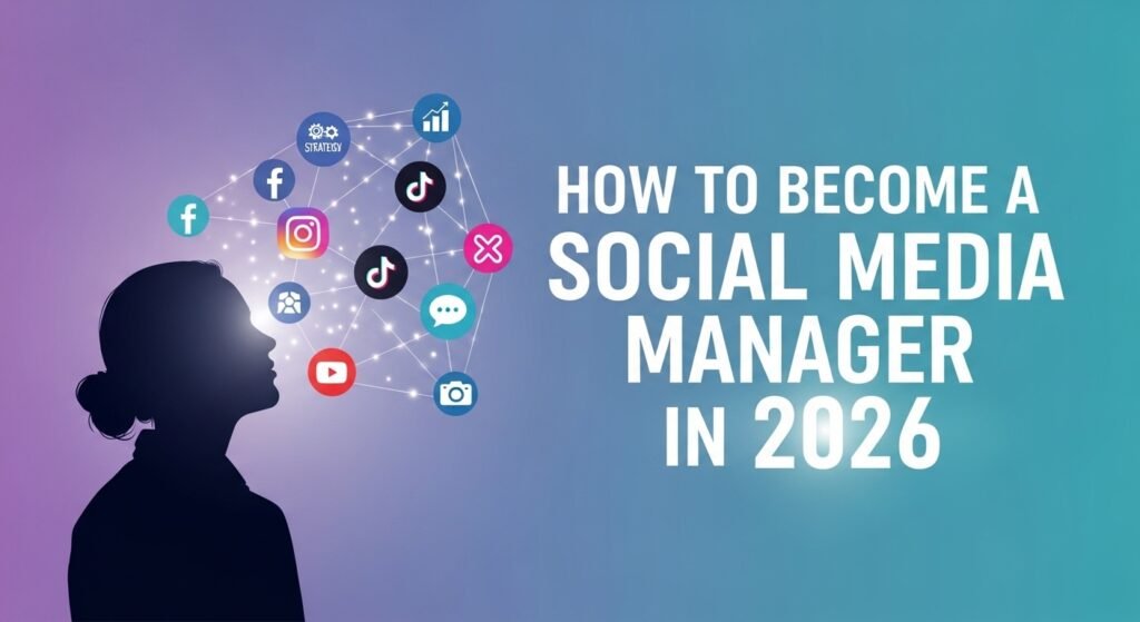 Guide on how to become a social media manager in 2026, featuring social media networks, digital marketing strategy, content management, audience engagement, and career growth opportunities.