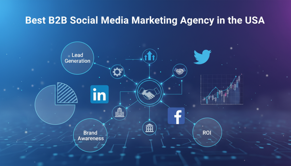Graphic showing interconnected business icons, social media symbols, analytics, and marketing keywords highlighting the best B2B social media marketing agency in the USA.
If you need the image in a different style or with more specific keywords, just let me know!