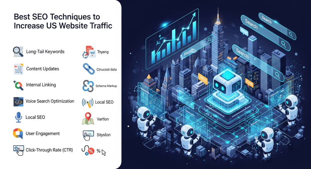 Ek digital illustration hai jo “Best SEO Techniques to Increase US Website Traffic” ko represent karta hai. Background mein ek dynamic US cityscape hai, jismein digital features jaise traffic graphs, search bars, aur AI robots website ki visibility enhance karte nazar aa rahe hain. Upar heading hai: “Best SEO Techniques to Increase US Website Traffic.” Side par modern overlay hai jahan keywords—Long-Tail Keywords, Content Updates, Internal Linking, Schema Markup, Voice Search Optimization, Local SEO, User Engagement, aur Click-Through Rate (CTR)—ki short explanations aur icons shamil hain. Design tech-inspired, colorful aur professional hai.