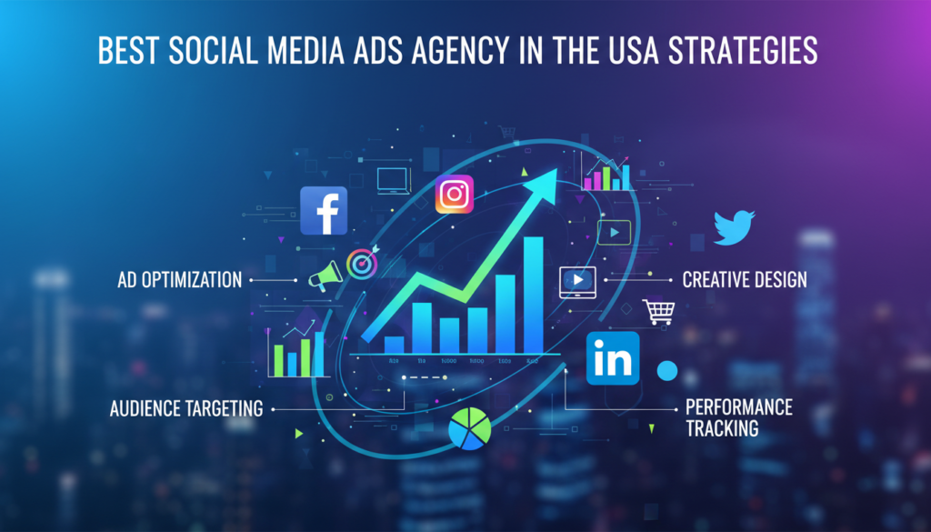Visual representing the best social media ads agency strategies in the USA, with ad icons, social media logos, analytics graphs, and strategy keywords.

If you’d like adjustments, more keywords, or a specific style, just let me know!
