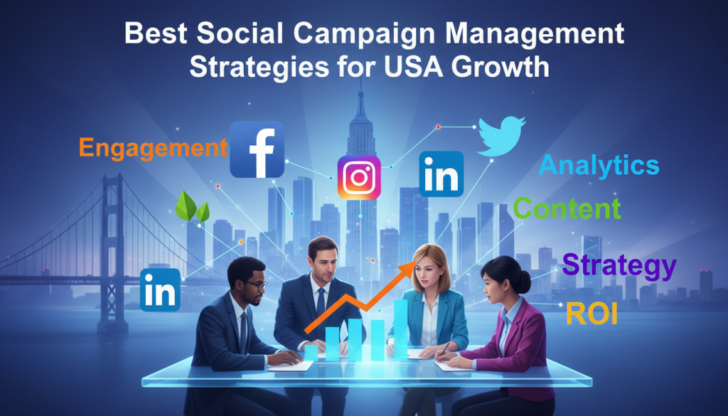 A modern digital illustration titled “Best Social Media Campaign Management Strategies for USA Growth.” The image features a diverse team collaborating around a table with laptops and charts showing upward trends. Prominent social media platform icons (Facebook, Instagram, Twitter, LinkedIn) are displayed. Growth-related keywords like “Engagement,” “Analytics,” “Content,” “Strategy,” and “ROI” are artistically integrated throughout the design, emphasizing concepts essential for social media campaign success. The overall color scheme is vibrant and professional.