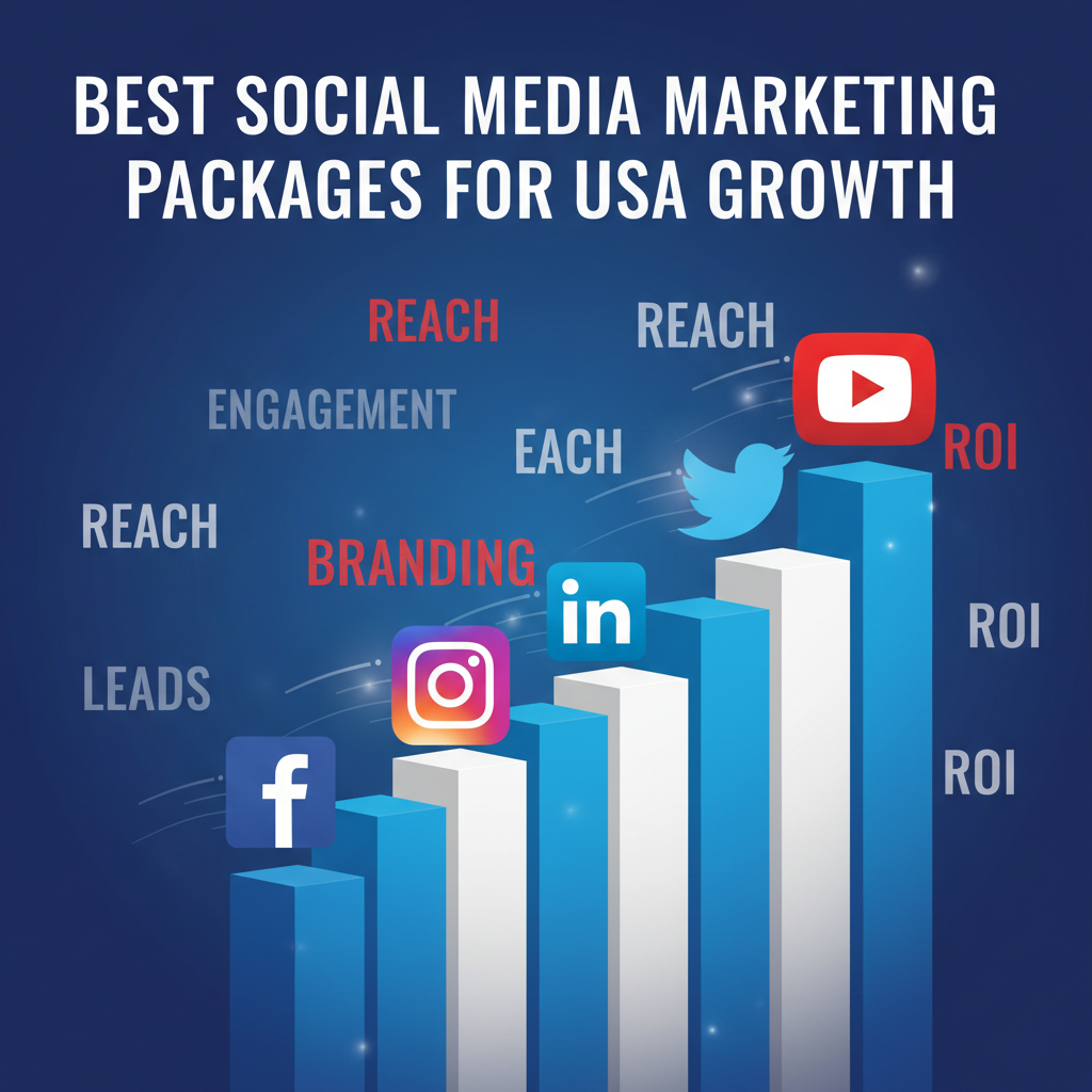 A digital illustration shows social media icons like Facebook, Instagram, Twitter, LinkedIn, and YouTube rising on bar graphs, with the heading "Best Social Media Marketing Packages for USA Growth." Keywords such as Engagement, Reach, Branding, Leads, and ROI appear throughout the image, which uses a blue, white, and red color palette to represent the USA.