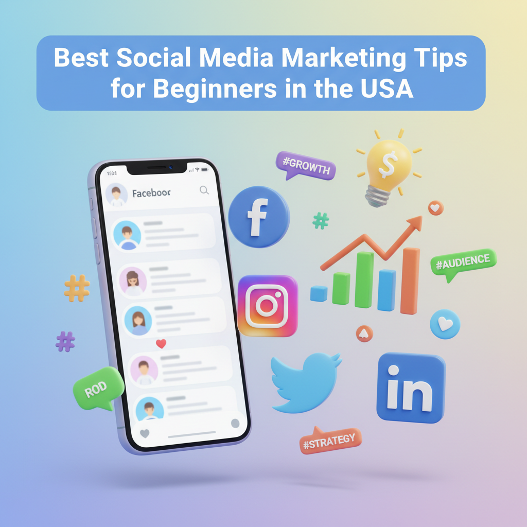 A colorful digital illustration featuring popular social media icons (Facebook, Instagram, Twitter, LinkedIn) arranged around a smartphone. There are visual elements such as analytics charts, hashtags, and a lightbulb symbolizing ideas. At the top, there is a heading that reads, "Best Social Media Marketing Tips for Beginners in the USA," in bold, modern font. The image conveys the theme of learning and starting with social media marketing.