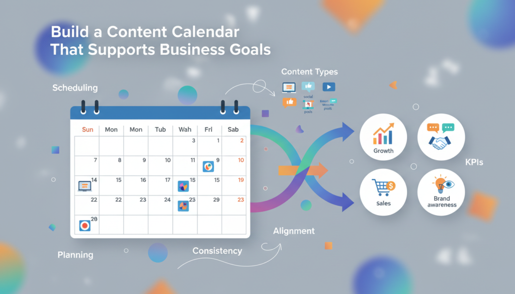 A modern digital illustration titled “Build a Content Calendar That Supports Business Goals.” The image features a large calendar filled with icons for blog posts, videos, social media posts, and infographics. Arrows connect the calendar to business goal icons such as growth, engagement, sales, and brand awareness. Keywords like “Scheduling,” “Consistency,” “Content Types,” “KPIs,” “Planning,” and “Alignment” are incorporated throughout the design. The visual is colorful and professional, illustrating how a content calendar can drive business objectives.
