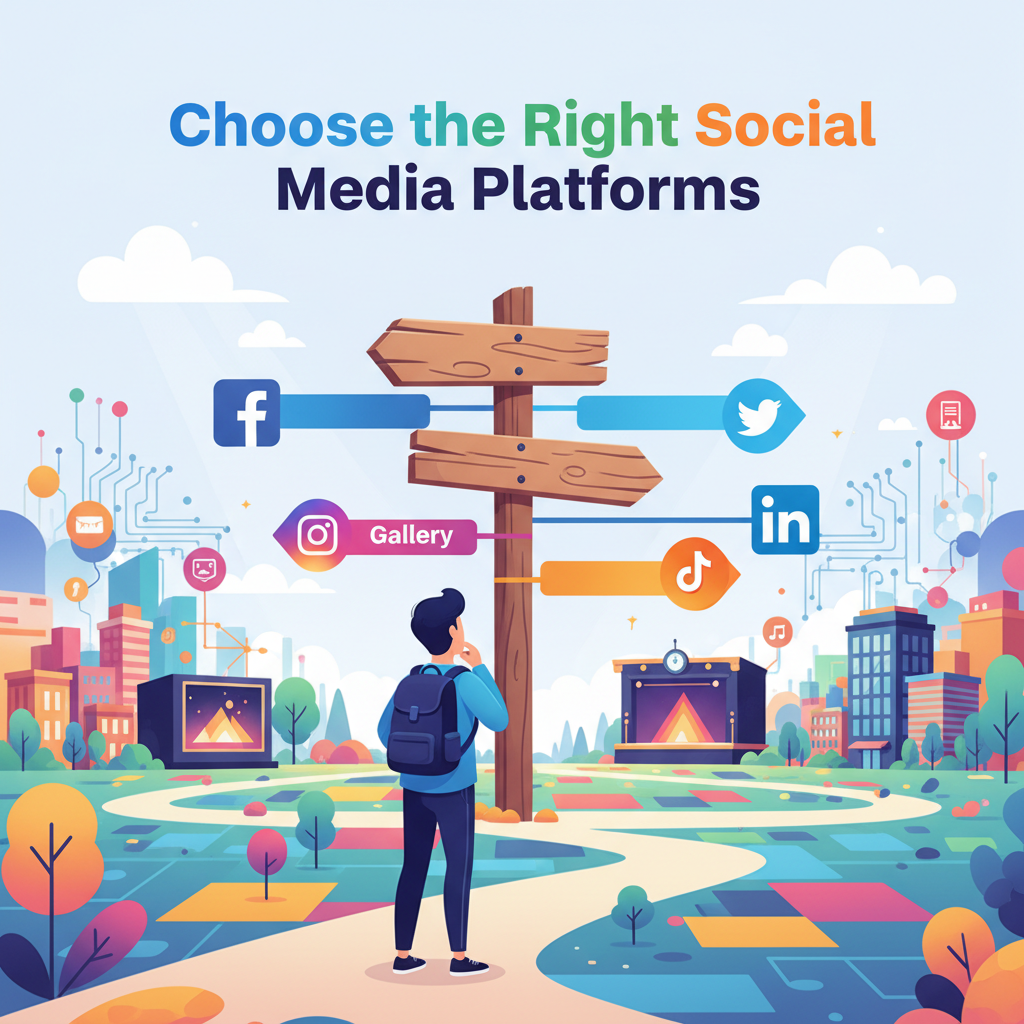 A colourful illustration of a person standing at a crossroads with signposts pointing to large icons for Facebook, Instagram, Twitter, LinkedIn, and TikTok. The heading "Choose the Right Social Media Platforms" is displayed at the top in bold font. The image visually conveys the idea of selecting the best social media networks for specific goals and audiences.