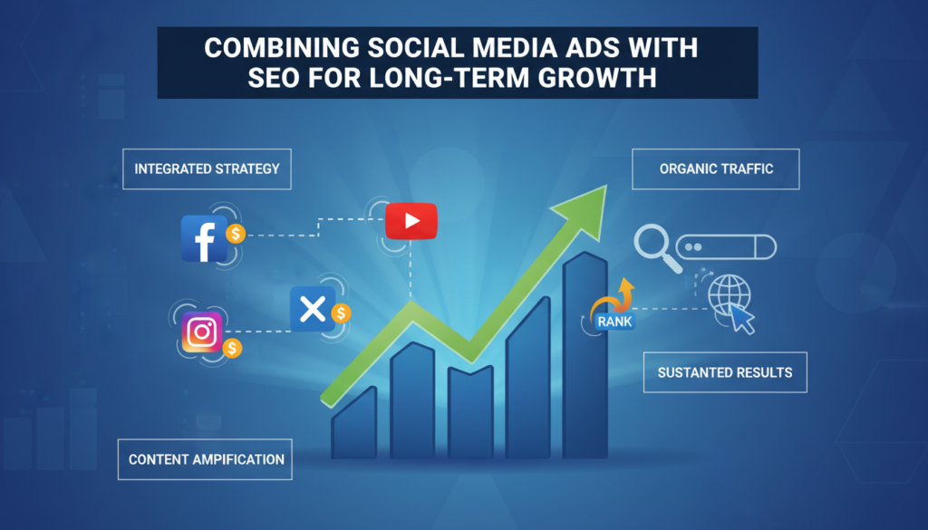 Illustration representing the combination of social media ads and SEO for long-term growth, with ad icons, search symbols, growth charts, and explanatory keywords.

If you want more keywords, different visuals, or another style, just let me know!