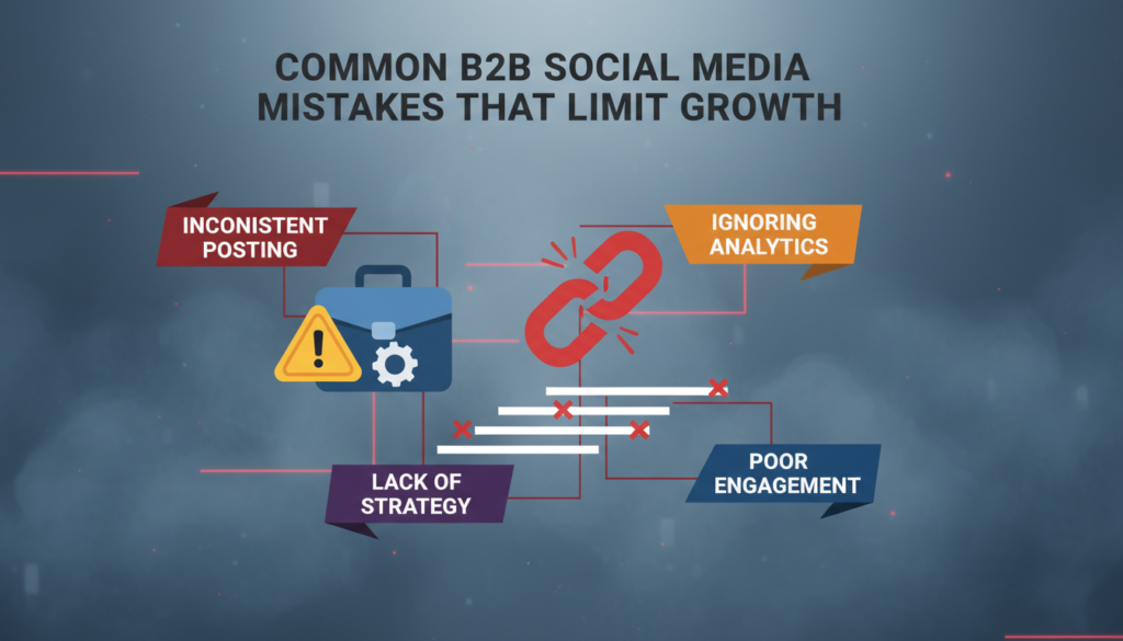 Graphic highlighting common B2B social media mistakes, with warning signs, broken business connections, flat graphs, and explanatory keywords about limiting growth.
If you need more details, extra keywords, or a different visual style, just let me know!