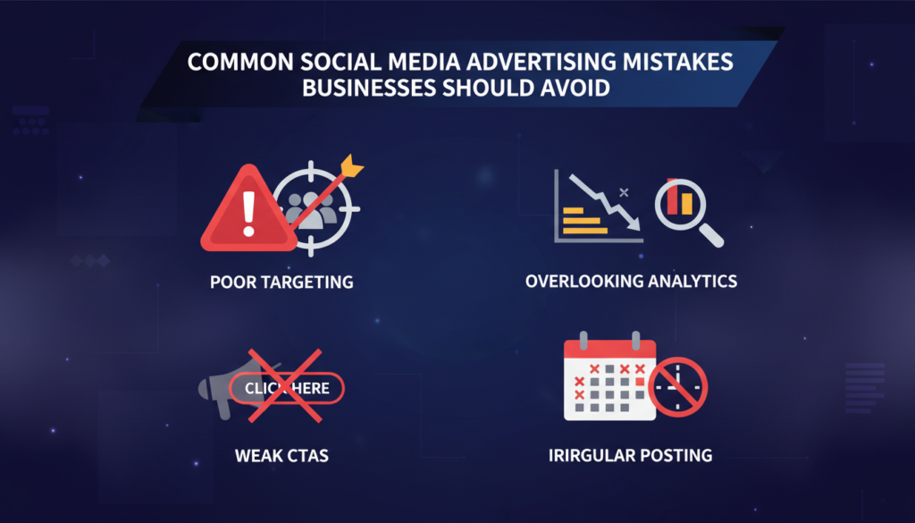 Graphic showing common social media advertising mistakes businesses should avoid, with warning icons, crossed-out ads, flat analytics, and explanatory keywords.

If you’d like to add more keywords, use different visuals, or adjust the style, just let me know!