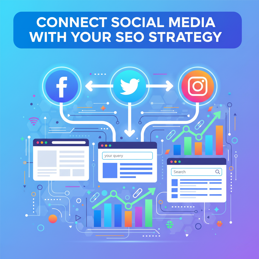 A vibrant illustration with social media icons (Facebook, Twitter, Instagram) linked by arrows to a website and a search engine results page. The image includes charts, upward arrows, and link icons to show increased web visibility and traffic. The heading “Connect Social Media With Your SEO Strategy” is prominently displayed at the top.