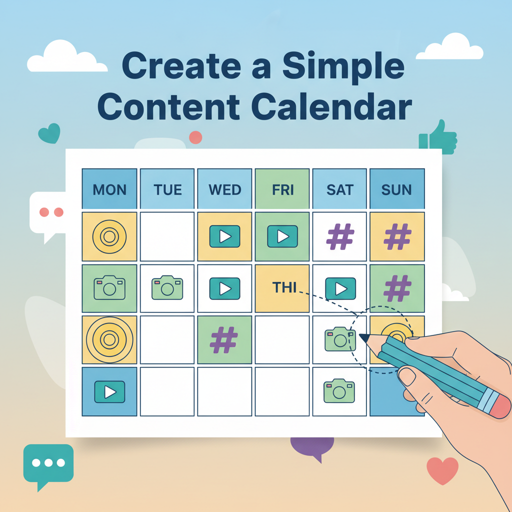 A bright illustration of a simple social media content calendar, with different icons (photo, video, hashtag) placed on various days. A pencil is shown planning or marking the schedule. The heading “Create a Simple Content Calendar” appears at the top in bold, friendly font. The image represents planning and organising social media content in an easy, visual way.