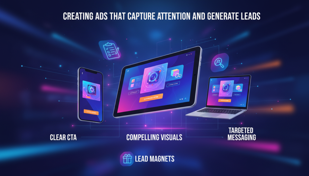 Graphic illustrating how to create ads that capture attention and generate leads, with eye-catching ad visuals, call-to-action buttons, lead generation icons, and explanatory marketing keywords.

If you’d like to see additional keywords, different visuals, or another style, just let me know!