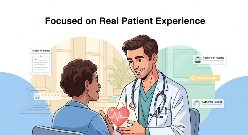 Digital illustration with the heading “Focused on Real Patient Experience” at the top. A doctor interacts warmly with a patient in a clinic setting, showing empathy and care. In the background, there are subtle icons of feedback forms, online reviews, and patient testimonials, highlighting the importance of genuine patient feedback and experience.

