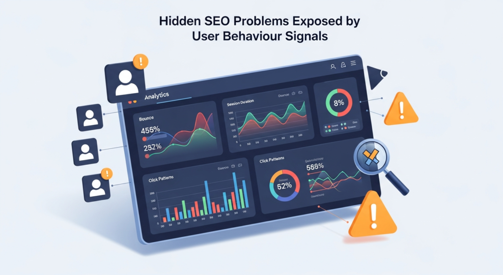 “Analytics dashboard illustration showing hidden SEO problems through user behaviour signals, including bounce rate, session duration, click patterns, engagement tracking, and website performance warnings.”
