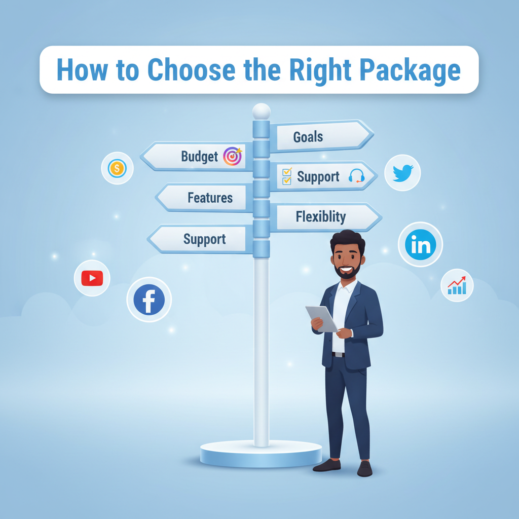 A digital illustration features a businessperson standing in front of multiple signposts labeled Budget, Goals, Features, Support, Flexibility, and Results. Social media icons (Facebook, Instagram, Twitter, LinkedIn, YouTube) are included in the scene. The heading “How to Choose the Right Package” appears at the top, with a light blue and white professional background.