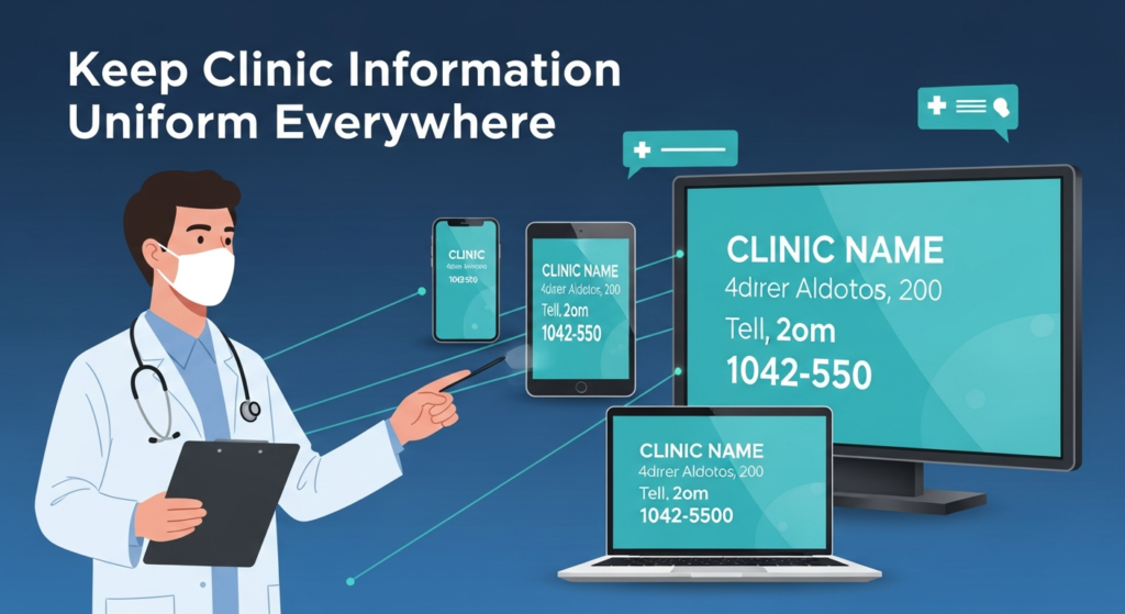 
Digital illustration featuring a doctor holding a clipboard and pointing at several digital devices (smartphone, tablet, laptop, signage), each displaying the same clinic name, address, and phone number. The bold heading reads “Keep Clinic Information Uniform Everywhere.” The image highlights the importance of showing consistent contact details across all platforms for better visibility and trust.